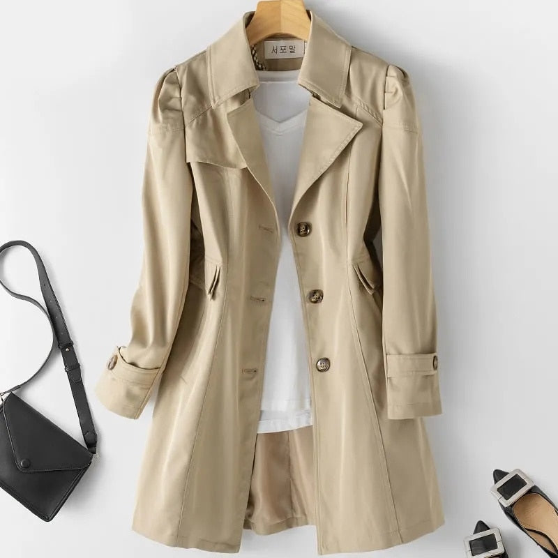 Elena - dames trenchcoat met enkelvoudige rij knopen - middellang